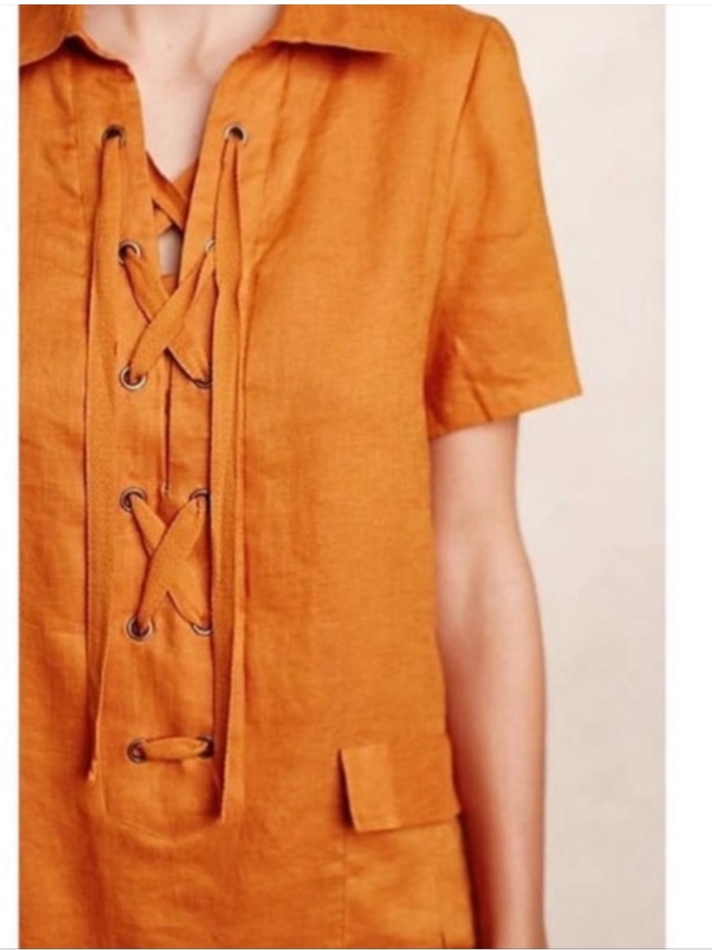 Anthropologie Maeve Tangerine Linen Lace Up Shift Mini Dress Size 0P